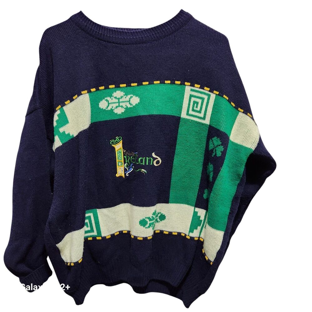 Clarny‎ Castle Ireland Sweater Mens M Navy Wool Knit Shamrock Celtic